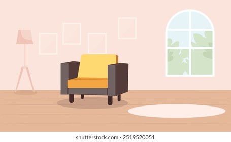 zeitgenössisches Wohnzimmer Salbei grün rosa Wohnzimmer Interieur mit Sofa, Lampenständer, grünes Fenster in einem modernen Haus, Vektorgrafik-Konzept