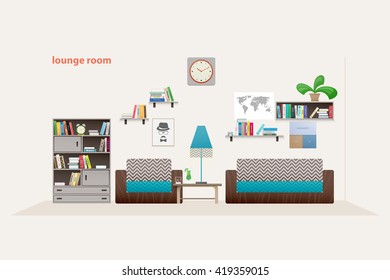 contemporary lounge room with furniture isolated on white background. vector, flat style relaxing interior. elegant living room illustration. lifestyle concept, luxury apartment decoration