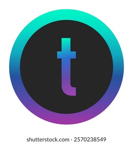 A contemporary lowercase “t” in gradient colors, encircled by a matching gradient border on a black background. Perfect for branding, design, or unique artistic concepts.