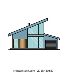 Contemporary luxury house with sharp angled roof and large glass facade in blue grey colors.