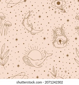 Patrón mágico contemporáneo sin fisuras. Hongos místicos vectoriales, luna, cerradura, hoja, ballena. Antecedentes de los boho pastel en el estilo minimalista de mediados de siglo vectorial Ilustración