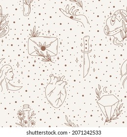 Contemporary Magical seamless pattern. Mystic vector envelope, heart, leaves, knife, moon, woman. Pastel boho background in minimalist mid century style vector Illustration wall