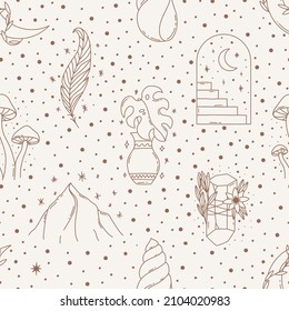 Patrón mágico contemporáneo sin fisuras. Luna mística vectorial, arco, pluma, joya. Antecedentes de los boho pastel en el estilo minimalista de mediados de siglo vectorial Ilustración