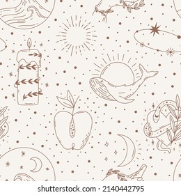 Patrón mágico contemporáneo sin fisuras. Hongos místicos vectoriales, luna, hoja, llave, bola de cristal, escoria. Antecedentes de los boho pastel en el estilo minimalista de mediados de siglo vectorial Ilustración