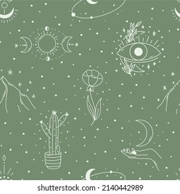 Contemporary Magical seamless pattern. Mystic vector mushrooms, moon, leaf, key, crystal ball, scull. Pastel boho background in minimalist mid century style vector Illustration wall