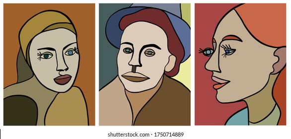 Contemporary man face in cubism style.   Minimal portrait. Linear portrait. Mosaic elements. Modernist trend. Creative design for interior painting, print for t-shirt, poster.