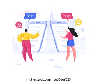 Contemporary man and woman setting dates for conference and friends meeting while using convenient calendar app on modern smartphones in city. Flat cartoon people vector illustration