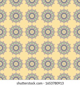 Contemporary mandala seamless pattern for wallpaper, wrapping and textile. Colorful mandala endless fabric. Modern motif repeat pattern for tile.
