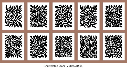 Contemporary Matisse inspired art background vector. Abstract botanical hand drawn posters design with flowers, leaves and branches. Simple modern style illustrated design for print, cover and card.