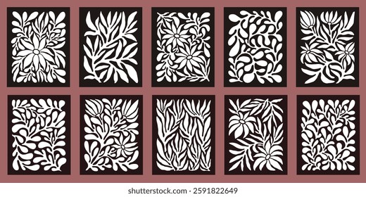 Contemporary Matisse inspired art background vector. Abstract botanical hand drawn posters design with flowers, leaves and branches. Simple modern style illustrated design for print, cover and card.