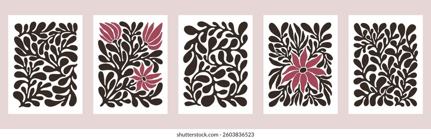 Contemporary Matisse inspired art background vector. Abstract botanical hand drawn posters design with flowers, leaves and branches. Simple modern style illustrated design for print, cover and card.