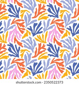 Contemporary Matisse seamless pattern with colorful corals. Brush drawn botanical organic shapes. Vector abstract modern floral pattern. Ornament with multi colored organic branches in Matisse style.