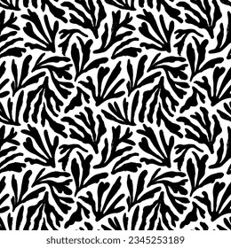 Contemporary Matisse seamless pattern with corals. Brush drawn botanical organic shapes. Vector abstract modern floral pattern. Ornament with black thick organic branches in Matisse style.