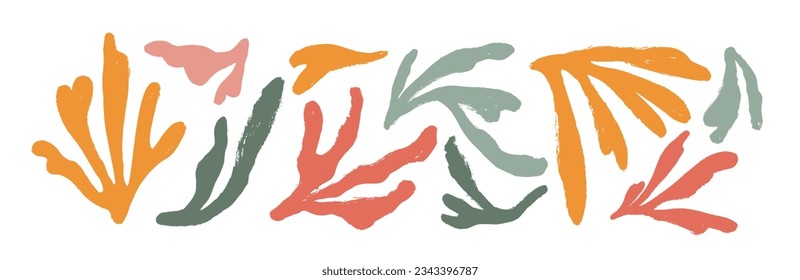 Contemporary Matisse style colorful corals isolated on white background. Brush drawn botanical organic shapes. Vector abstract botanical elements. Various multi colored branches in Matisse style.