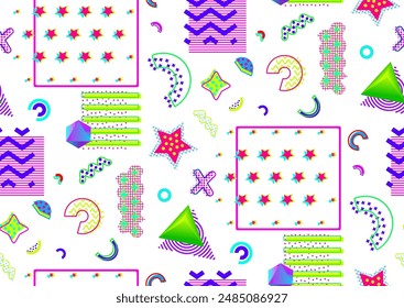 Contemporary Memphis inspired style vector seamless pattern. Dense over-the-top composition. Abstract texture background. Geometric shapes in vibrant neon colors, squiggles, diamonds, pyramids.