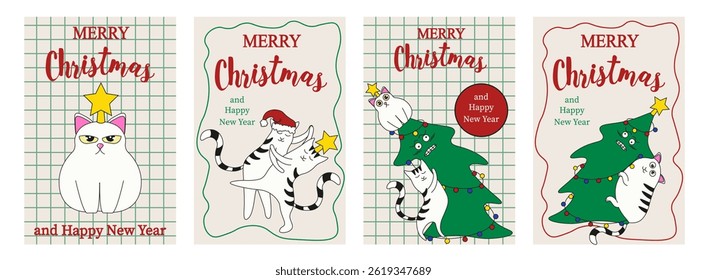Contemporary Merry Christmas and Happy New Year greeting Posters vector Set. Whimsical cat and Christmas tree in trendy colorful style. XMAS art on checkered copybook sheets background. EPS 10
