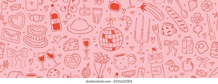 Anuncio contemporáneo minimalista de arte de línea con comida, velas, bebidas y garabatos de decoración. Dibujado a mano cena patrón sin fisuras. Fondo de menú de tinta de coqueta. gráfico de Vector