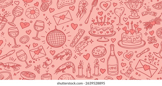 Contemporary minimalist line art banner with food, candles, drinks and decor doodles. Hand drawn dinner party seamless pattern.