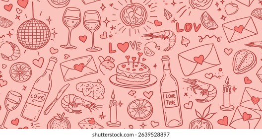 Contemporary minimalist line art banner with food, candles, drinks and decor doodles. Hand drawn dinner party seamless pattern.