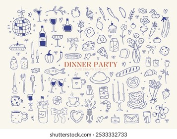 Ilustrações de arte em linha minimalista contemporâneas para o evento do jantar. Comida desenhada à mão, velas, bebidas e rabiscos de decoração. Design de menu de tinta de coquette. Gráfico vetorial