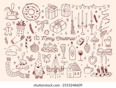 Ilustrações de arte de linha minimalista contemporâneas de elementos de feriados de Natal. Velas desenhadas à mão, decorações, presentes, bebidas e rabiscos. Coquette tinta design de inverno. Gráfico vetorial