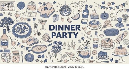Contemporary minimalist line art illustrations for dinner party event. Hand drawn food, candles, drinks and decor doodles.
