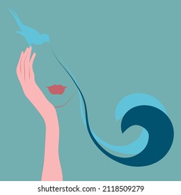 Contemporary minimalist portrait of a surreal woman's face supported in on one hand, with a bird holding the strands of hair that turn into ocean waves. Natural beauty concept.
