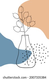 Contemporary minimalistic abstract art poster of a branch of a lunaria plant in a vase against a background of simple shapes. Vector graphics.