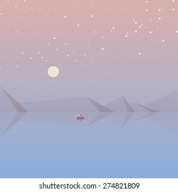 contemporary minimalistic geometric low poly style calm landscape design with fisherman in a boat in the middle of the ocean on a full moon night filled with stars