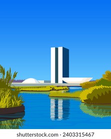 Contemporary, modern architecture in capital of Brazil, Brasilia. Cityscape of Latin American architecture, Brazil. Vector graphic, illustration created by artist.