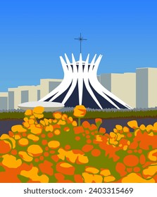 Contemporary, modern architecture in capital of Brazil, Brasilia. Cityscape of Latin American architecture, Brazil. Vector graphic, illustration created by artist.