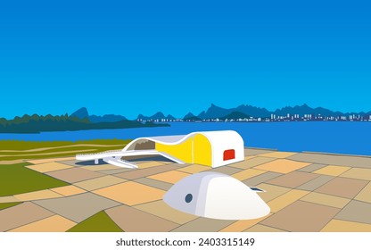 Contemporary, modern architecture in Niteroi. Cityscape of Latin American architecture, Niteroi, Rio de Janeiro, Brazil. Vector graphic, illustration created by artist.