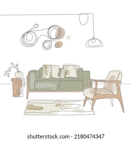 Contemporary modern interior hand drawing vector illustration.Interior design of a living room in a minimalist Japandi style with natural neutral colors.Line drawing on a white background