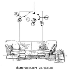 Contemporary modern interior hand drawing vector illustration.