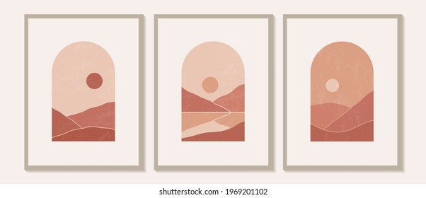 Contemporary modern minimalist abstract mountain landscapes aesthetic illustrations. Bohemian style wall decor. Collection of mid-century artistic prints