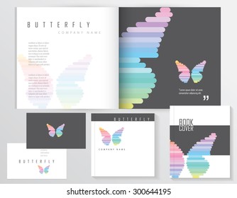 contemporary modern minimalistic corporate identity stationery set with abstract multicolored butterfly logo element