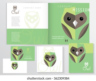 Contemporary modern minimalistic corporate identity stationery set with flat design owl logo element in green color hues