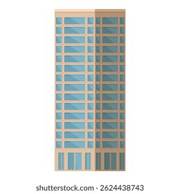 Contemporary modern office building facade with geometric patterned glass windows in the urban business district cityscape. Reflecting the clear blue sky in a symmetrical architectural design