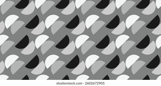 A contemporary modern pattern showcasing striking monochrome shapes in black, white, and multiple shades of gray
