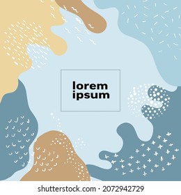 Contemporary modern trendy undersea doodle handdrawn background template with place for your content made by various hand drawn pattern spots - blue and brown version