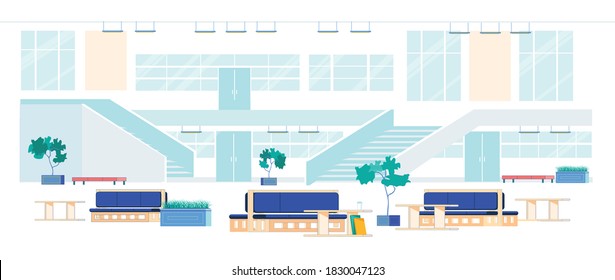 Contemporary Modern University Hall or Entrance Lobby Interior with Comfortable Furniture for Resting and Stairs Leading to Auditorium and Lecture Rooms Background. Flat Cartoon Vector Illustration.