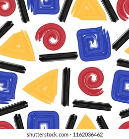contemporary mondrian art geometric rough brush colors seamless pattern on dark blue