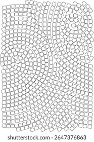 Design de mosaico monocromático contemporâneo com um arranjo dinâmico de pequenos azulejos quadrados em forma orgânica, criando intrincados padrões de redemoinho. Perfeito para arte digital e fundos.