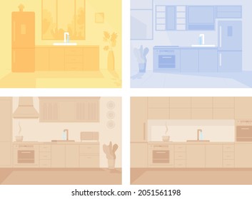 Contemporary monochrome kitchen flat color vector illustration. Modern furniture in dining room. Apartnment with appliance. Home 2D cartoon interior with running sink water on background