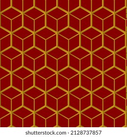 Zeitgenössisches Mosaik, das sechsachsige, goldene Linien auf rotem Hintergrund wiederholt, geometrische Vektorgrafik