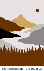 Contemporary mountain boho background illustration. Flat landscape mountain view wall art decor. 