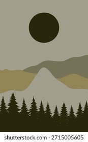 Ilustración de fondo boho de montaña contemporánea. Decoración plana del arte de la pared de la vista de la montaña del paisaje. 