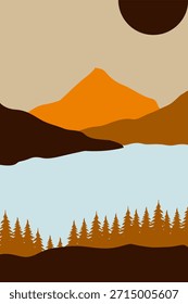 Ilustración de fondo boho de montaña contemporánea. Decoración plana del arte de la pared de la vista de la montaña del paisaje. 