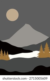 Contemporary mountain boho background illustration. Flat landscape mountain view wall art decor. 