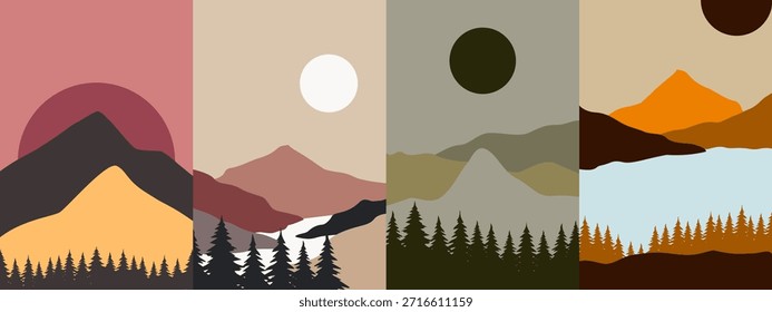 Conjunto de fondo boho de montaña contemporáneo. Decoración plana del arte de la pared de la vista de la montaña del paisaje.